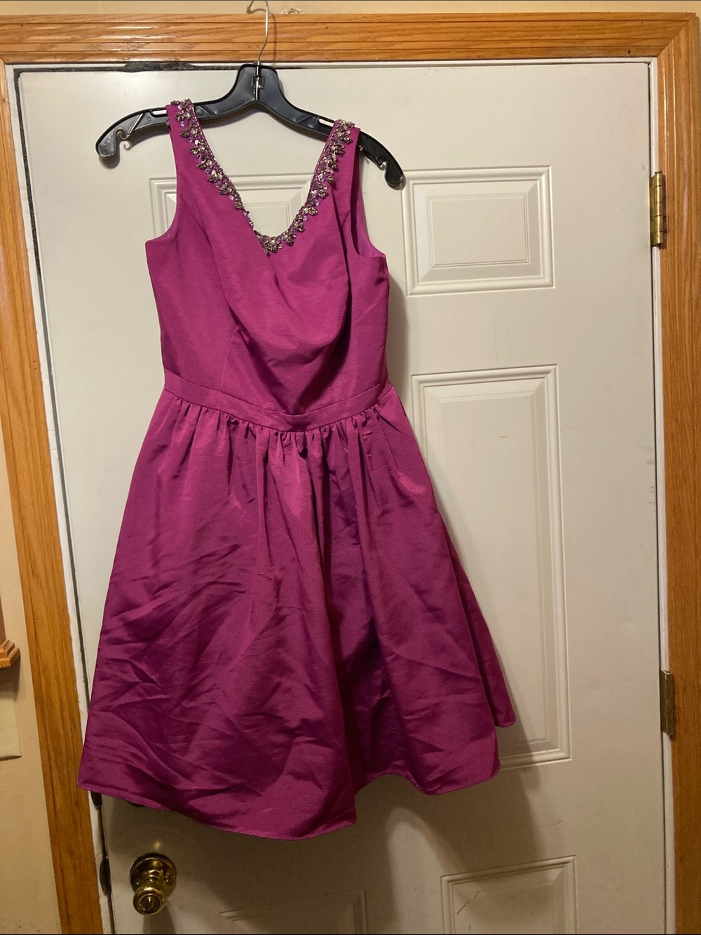 David’s Bridal Fuchsia Party Dress with Embellished V-Neck 10